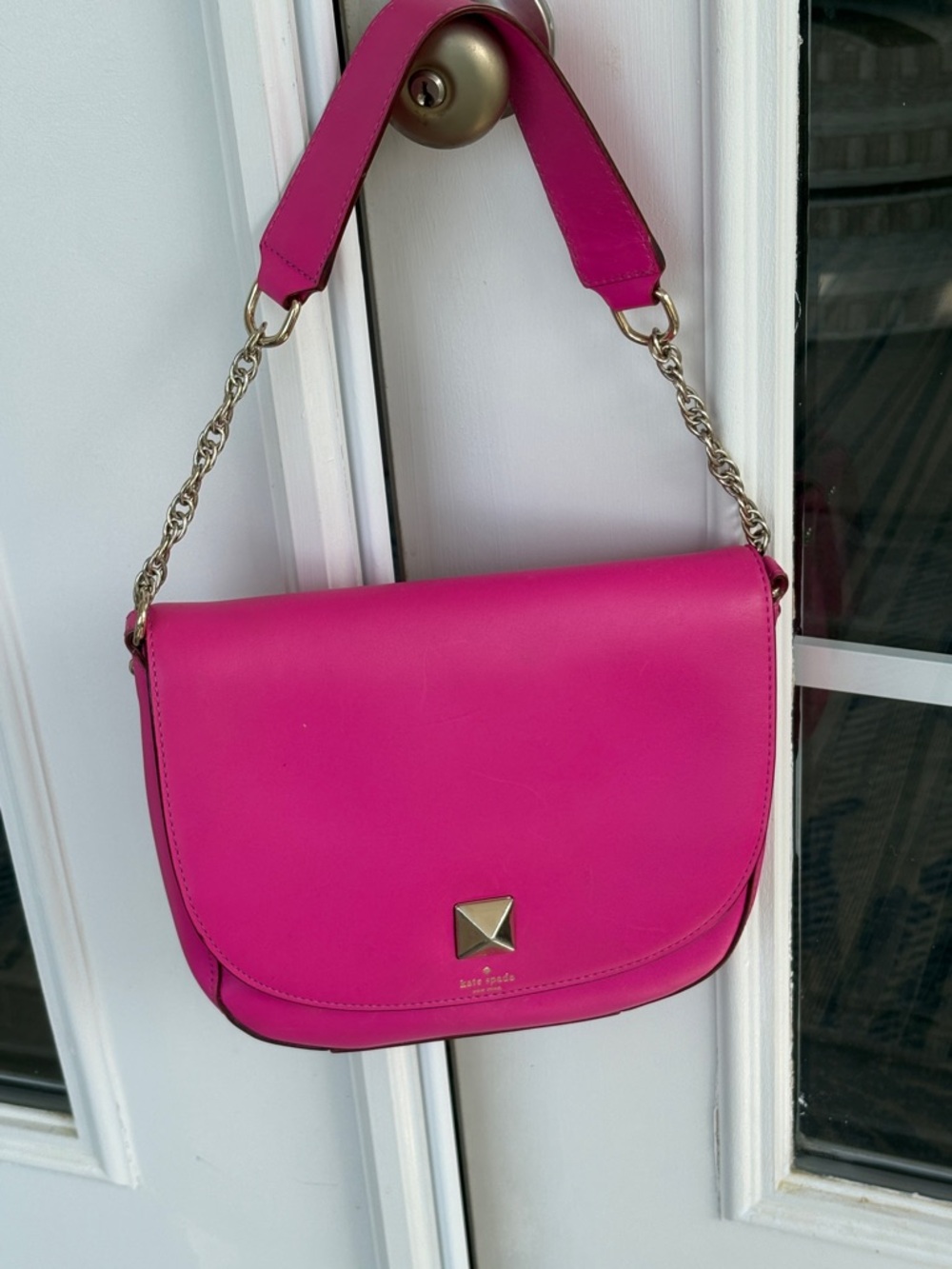 Kate Spade Bright Fuchsia Leather Shoulder Bag , Gold-Tone Accent. 10”W X 8.5”L